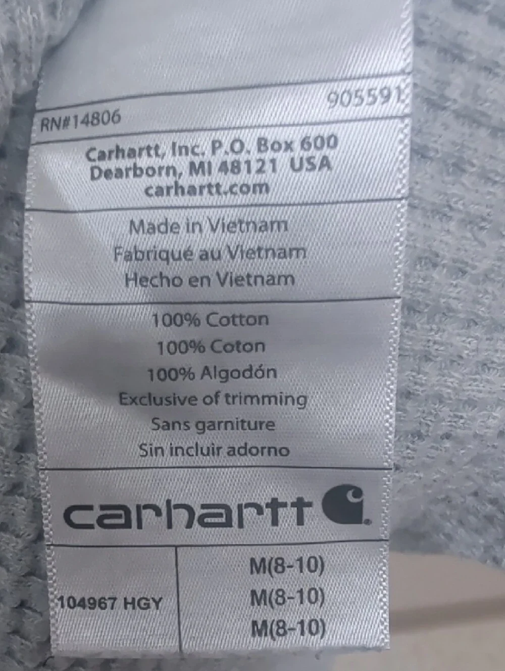 Carhartt Light Gray Waffle Hoodie with Kangaroo Pocket Size Medium - Picture 3 of 4